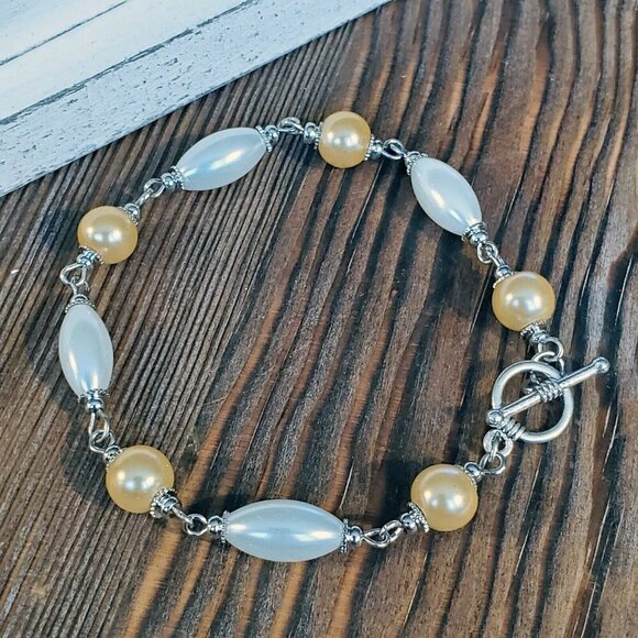 Glass Pearl Bracelet Silver White Champagne Yellow - Picture 2 of 8